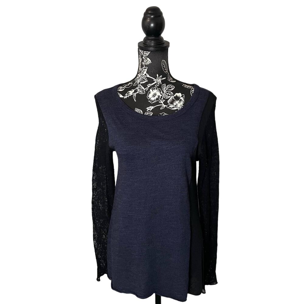 Pete Long Sleeve Top Contrast Panels Lace Sleeves Navy Blue & Black USA Medium
